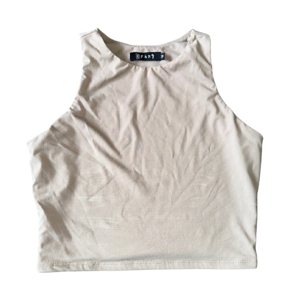 E FAN Medium Women's Taupe Tank Top Buttery Soft High Neck Cropped - Picture 2 of 12